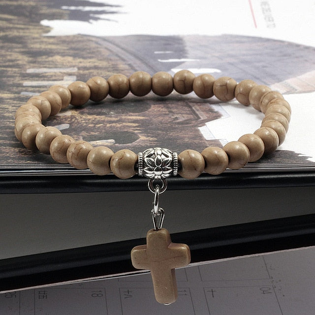 Vintage Cross Natural Stone 6mm Beads Bracelet